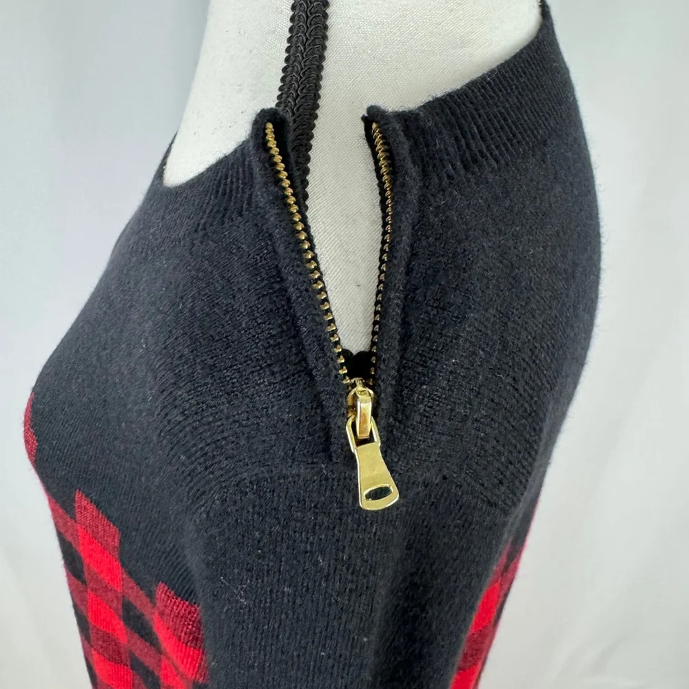 Talbots Sweater Dress Large Red Black Gingham Plaid Shoulder Zip Lambswool Blend - Picture 9 of 13